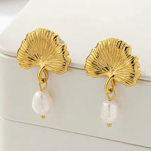 Ginko Pearl Drop Stud Earrings