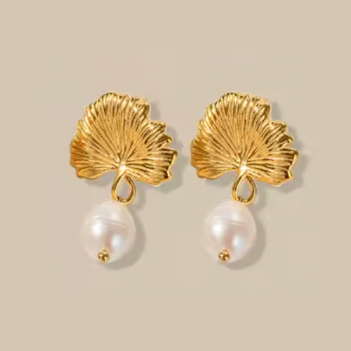 Ginko Pearl Drop Stud Earrings