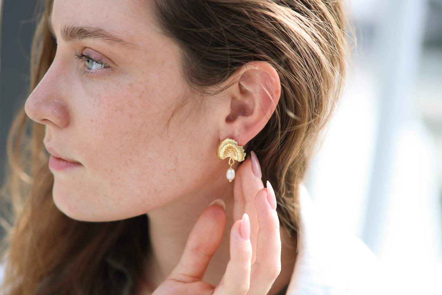 Ginko Pearl Drop Stud Earrings